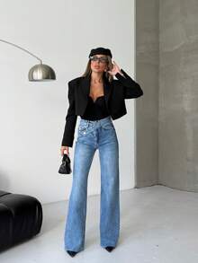 SQUALO Women's Wide Leg Color With Pocket Details Destroyed Retro Washed Street Style Jeans Ripped And Cutout Wide Leg Jeans - Blue - View 8