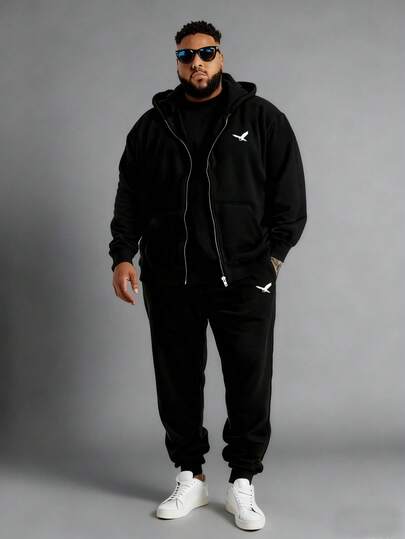 2件套加大码男士时尚简约老鹰图案休闲口袋连帽卫衣，配抽绳裤，适合春、秋、冬户外、街头、日常穿着