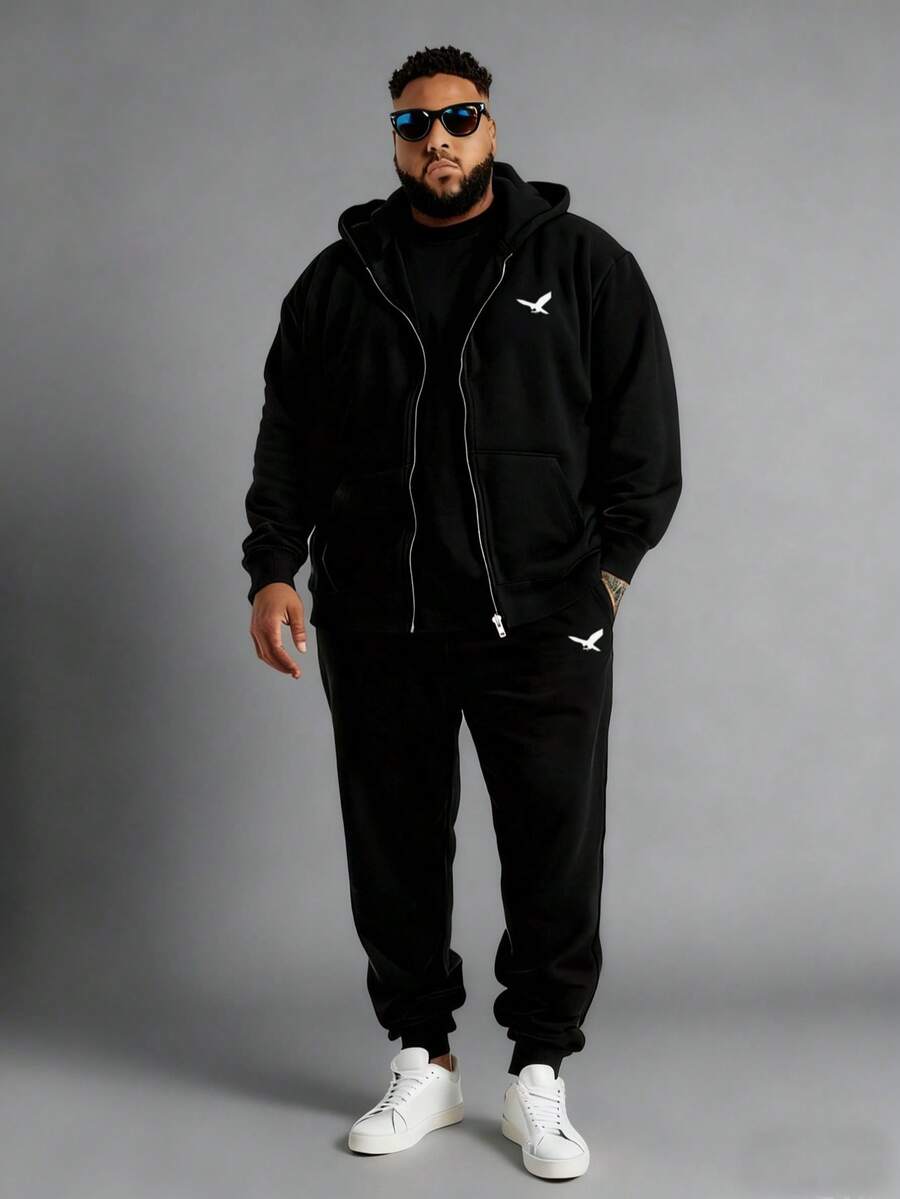 2pcs Plus Size Men's Fashionable Minimalist Eagle Pattern Casual Hoodie With Pockets & Drawstring Pants, Suitable For Outdoor, Street, Daily Wear In Spring, Autumn & Winter - Multicolor - View 1