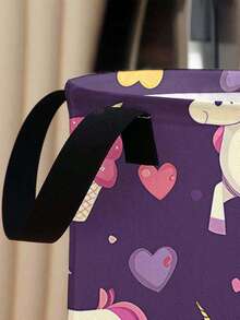 1pc Cartoon Pony Print Foldable Large Capacity Round Storage Basket With Handle, Multipurpose Storage Bin For Nursery, Baby Diaper, Clothes, Toys And Accessories Organization