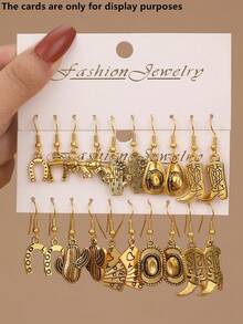 Set de 10 piezas de pendientes de estilo vaquero occidental de metal a la moda, con elementos de sombrero y bota - color dorado antiguo - Ver 11