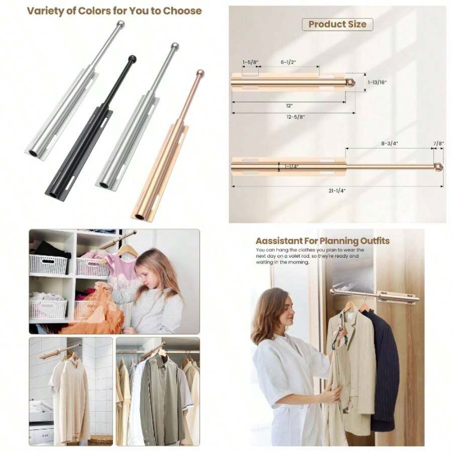 - Barra de valet para clset extrable, retrctil para organizacin de clset, barra de valet de aluminio de 12 pulgadas, perfecto para trajes, vestidos y ropa recin prensada - Dorado + Sin Anzuelo - Ver 1
