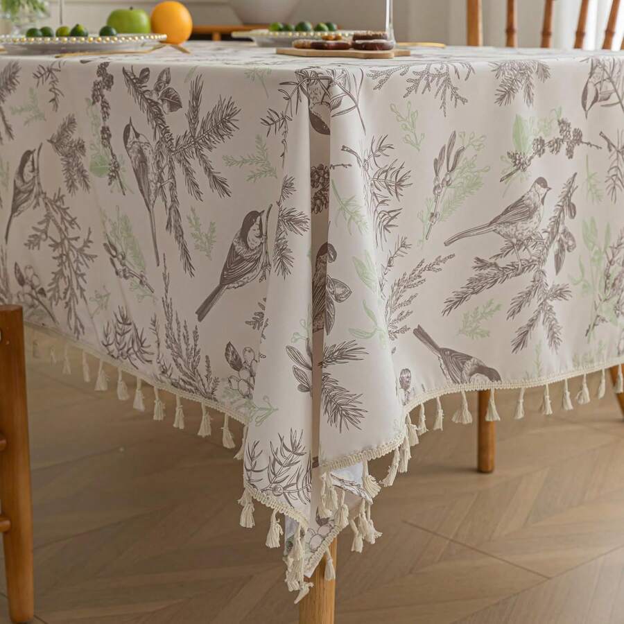 Designer Grey Tablecloth For Square Tables,Fringed Edges With Leaves And Birds Pattern Tablecloths,Farmhouse Floral Table Cover Cloth Drative For Kitchen Dining Room,59"X 102",24897017 - 紫羅蘭色 - 查看 1