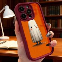Cubierta de teléfono con diseño de fantasma kawaii, color naranja, estampado de fantasma blanco con ojos grandes y mejillas rosadas, ideal para Halloween y amantes de lo divertido Para la colección de manzanas Galaxy s25 - Negro - Ver 6