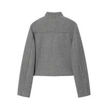 SHIBASHAN 女士复古单排扣灰色长袖外套，带口袋，秋季休闲OL外套 - 灰色 - 查看 3