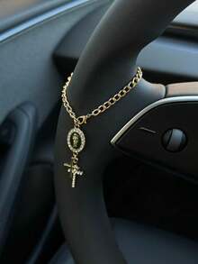 1pc Steering Wheel Decor, 15cm Adjustable Length, Minimalist, Cute, Creative Rosary Bead Car Pendant Accessory, Unique Fashion Car Hanging Decoration - Green Oval Plate + Rhinestone Double Cross - View 4