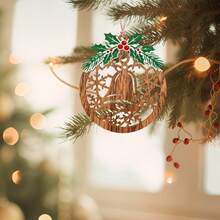 Adornos navideños rústicos de madera: estrella, muñeco de nieve y campana. Etiquetas colgantes para el hogar. - Verde - Ver 4