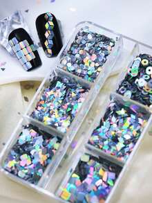 6pcs Laser Silver Geometric Glitter Sequins, Suitable For Adhesive Nail Filler, DIY Charming Nail Art Products - 銀色 - 查看 4