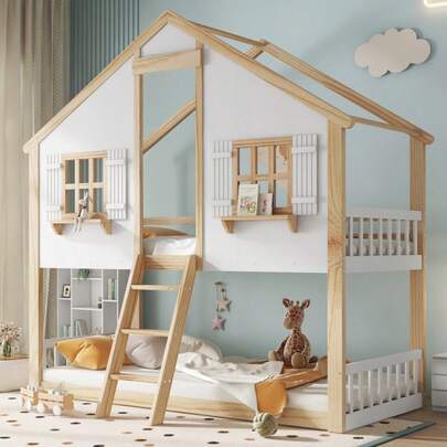 Children's Bunk Bed 90x200 Cm, Pine, MDF And Plywood Structure, Frame With Windows And Designer Roof, Stabilized Slatted Base, White And Natural Color