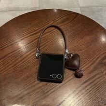 Luxury Minimalist Brown Lunar Crater Pattern Phone Case, With Leather Heart-Shaped Pendant Lanyard, Compatible With Samsung Galaxy Z Flip 5/6/Z Flip 6/Z, Shock-Resistant Back Cover - Brown - View 11