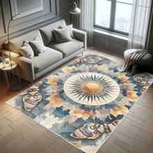 Retro Mid Century Abstract Pattern Rug On Ivory Background, Dark Orange And Reseda Green, 4' X 5' 5", Ideal For Bedroom, Dorm And Living Room - Biru Abu-abu Aprikot Beige - View 7