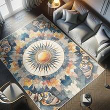 Retro Mid Century Abstract Pattern Rug On Ivory Background, Dark Orange And Reseda Green, 4' X 5' 5", Ideal For Bedroom, Dorm And Living Room - Biru Abu-abu Aprikot Beige - View 8