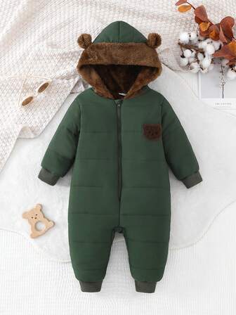Baby Girl Casual Outing Jumpsuit With Thermal Lining, Bear Pattern