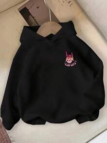 青少年女孩休闲字母印花卫衣，纯色长袖宽松套头衫，适合上学、度假、购物、聚会和万圣节等场合，春秋季穿着。 - 黑色 - 查看 3