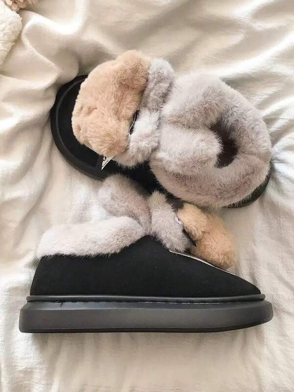 1 Pair Teenage Girls' Bear Decor Snow Boots, Thick Sole, Thermal Lining, Warm Winter Plush House Slippers, 2025 New Style