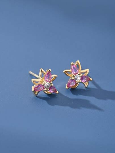 1 Pair S925 Sterling Silver Cute Zirconia Flower Stud Earrings For Women