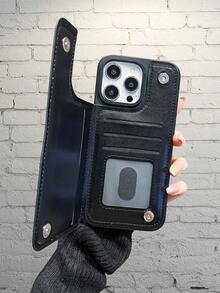 Star Pattern Leather Card Holder Mobile Phone Case, Black Leather Texture Mobile Phone Case, Suitable For Apple 12/13/14/15/16/17 Pro Plus Promax Series And Sumsung S22/S23/S24/S25 Plus Ultra - 黑色 - 查看 6