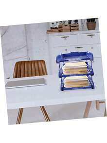 Organizador de escritorio de 3 niveles, apilable, para documentos, caja de almacenamiento de papel multicapa - Azul - Ver 4