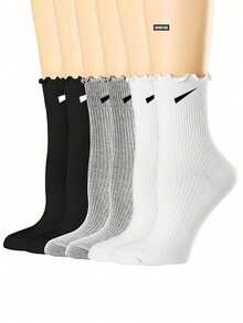 6 Paar Damen Socken mit einfarbigem Rüschensaum in Knöchellänge, Schwarz Weiß Grau, süß & modisch, bequeme Lässig socken geeignet für den täglichen Gebrauch, Reisen, Schule und Rock-Kombinationen, ganzjährig