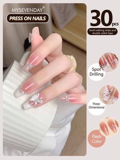 30 Pieces Press On Nails Almond /Three Dimensional Sparkling Diamond Butterfly Paired With Pearl Decorated French Detachable Fake Armor Piece/Perfectly Fitting Acrylic Fake Nail Set, Including 1 Jelly Glue And 1 Nail File, Suitable For Women's Daily Work, Study, And Gatherings In Autumn And Winter Nail Products Suitable For Gatherings, Festivals , And Daily Use