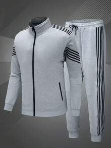 Autumn Outdoor Casual Tracksuit For Men, Striped Sports Suit, Fashionable Sweatshirt Sweatshirt Set, Suitable For Hiking, Daily Wear. Great Gift.