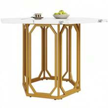 Hexagonal Marble Table (1 Piece) Hexagonal Kitchen Table Breakfast Table Metal Legs Marble Pattern Gold - Gold - View 1
