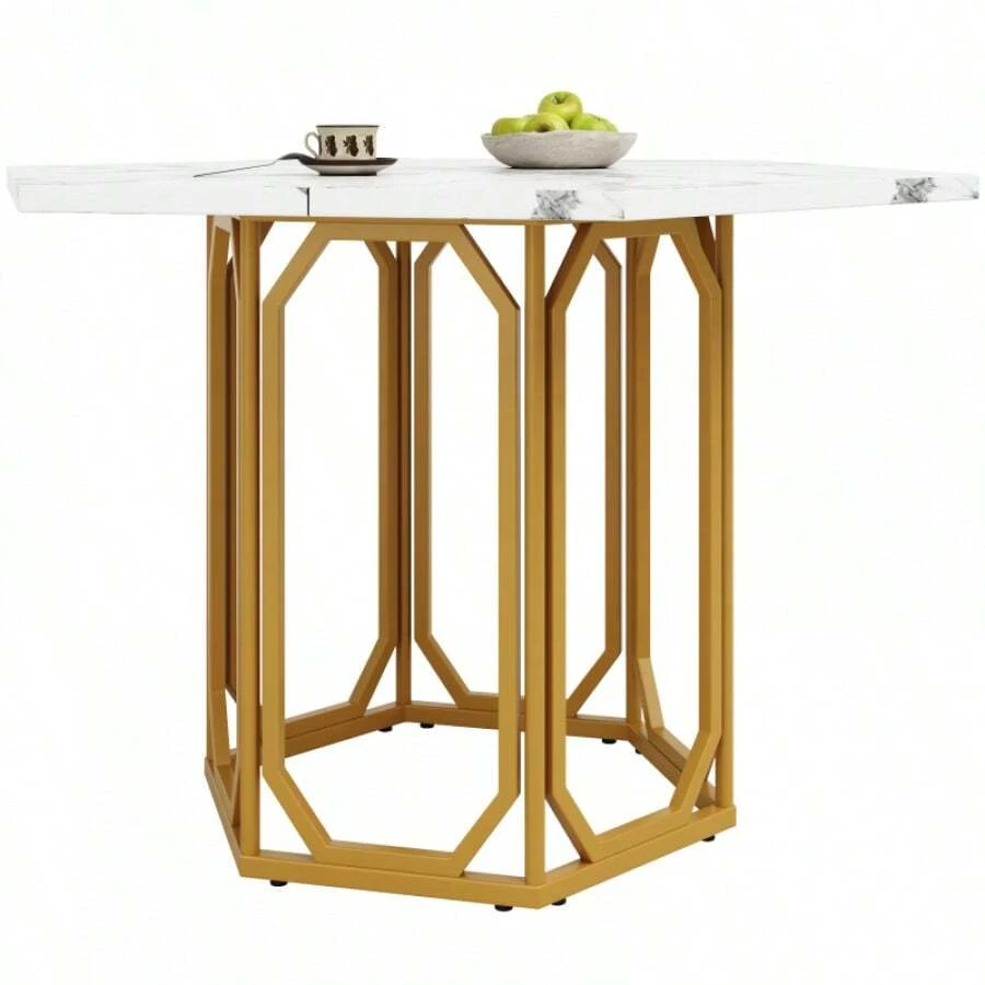 Hexagonal Marble Table (1 Piece) Hexagonal Kitchen Table Breakfast Table Metal Legs Marble Pattern Gold - Gold - View 1