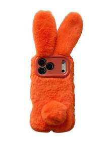 Fluffy Rabbit Winter Phone Case Compatible With IPhone 17 Pro Max, Lens Holder, Orange, Warm Plush Cover For IPhone 16, 15, 14 Anti-Drop Protection