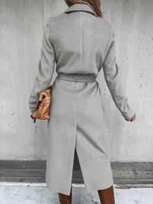 女士纯色翻领长袖外套，简约抽绳大衣，秋冬款 - 灰色 - 查看 2