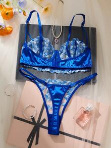 2-Piece Women's Embroidered Floral Deep Sea Blue Bra Set, Playful And Cute Short Top And Thong, Comfortable Home Wear Women's Lingerie Two Pieces Set