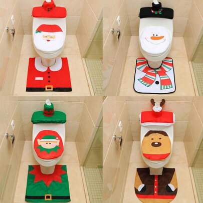 3 Pieces Of Santa Claus Pattern Toilet Seat Cover, Bathroom Floor Mat, Red Bath Mat Outline Carpet Set, Christmas Home Decoration, Four Cute Patterns To Choose From, Easy To Install, Durable Polyester Fabric, Very Suitable For Christmas
