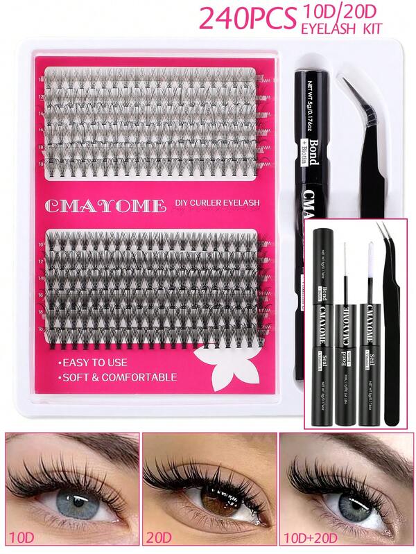 240 piezas de pestañas postizas falsas con forma de D curvadas y adhesivas personalizadas, una bandeja de pestañas versátil que ofrece volumen suave y natural, adecuada para uso diario. El diseño de pestañas postizas engrosadas y alargadas realza el atractivo de tus ojos. Una bandeja de pestañas de longitud mixta que presenta 10D+20D+30D+40D/50D+60D+80D+100D+120D+150D