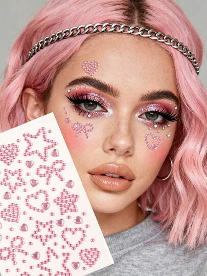 Pink Heart Star Butterfly Rhinestone Face Gems, Suitable For Music Festivals, Carnivals, Valentine's Day, Y2K Style Parties, Daily Decoration, Makeup Parties, Balls And Other Occasions, Can Be Used For Hair, Eyes, Face And Body Decoration
