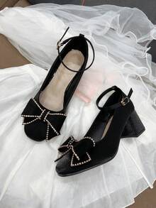 Cute Black High Heels For Teens, Square Toe With Bow & Rhinestone Decor, Elegant For Outdoor Daily, Romantic, Party, Music Performance In Autumn/Winter
