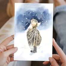 بطاقة تهنئة شتوية بقطة سلمية مع مغلف (11 سم * 16 سم) - تصميم قطة تتأمل الثلج، رائعة للأصدقاء والزملاء، مثالية لأعياد الميلاد والاحتفالات العطلات، بطاقة تهنئة عيد الميلاد | بطاقة قطة احتفالية | بطاقة ترحيب ورقية