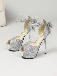 Zapatos de tacón alto con decoración de lazo y lentejuelas con punta abierta para mujeres, calzado elegante para fiestas y banquetes con correa y hebilla en la parte trasera, adecuado para todas las estaciones