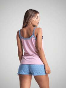 Women's Silk Print Short Doll Pajamas With Comfortable Straps - Lilac Purple - View 4