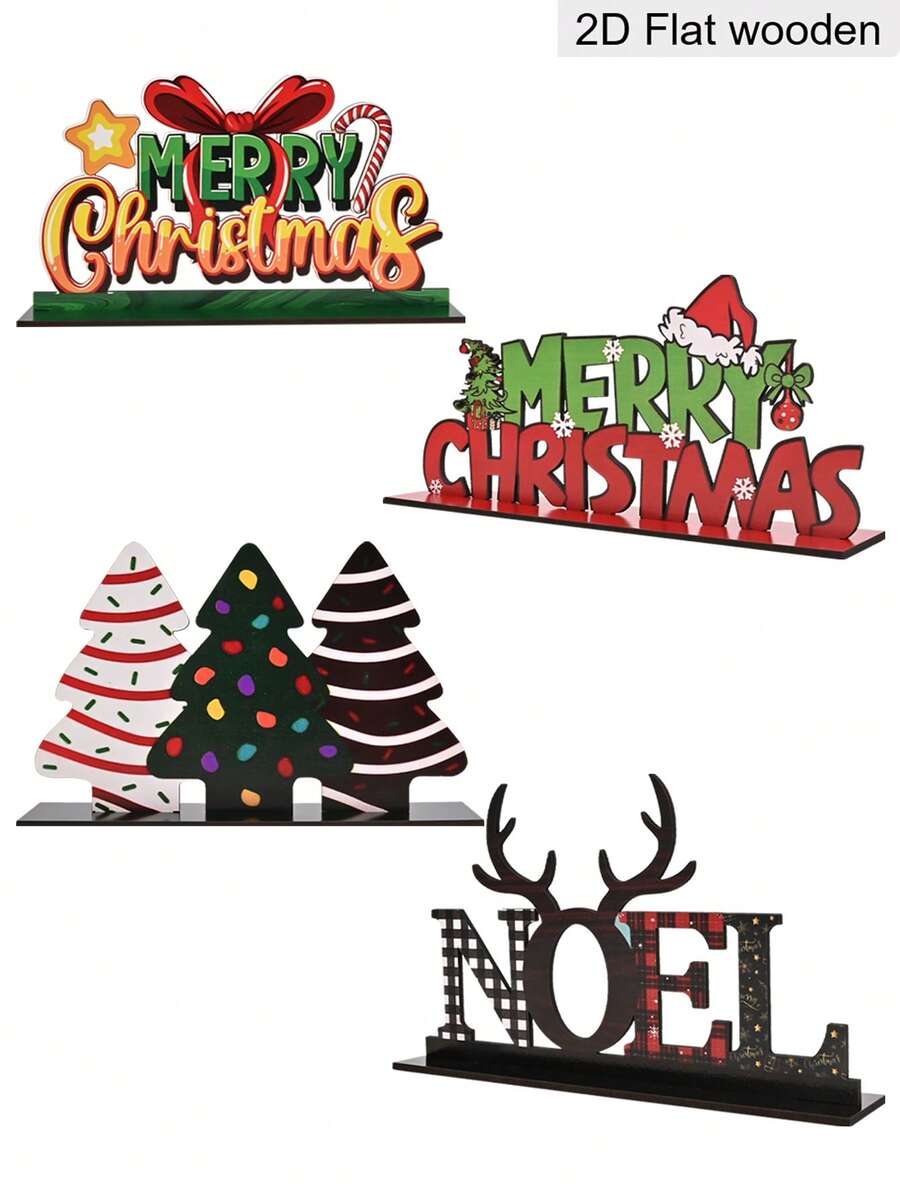 1pc 2D Flat Wooden Christmas Decoration Ornament Sign, Colorful Bow Merry Christmas Wooden Ornament Christmas Tree Pattern Antler Ornament, Holiday Table Decoration, Perfect Christmas Gift - Multicolor - View 1