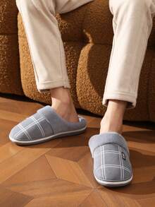 Pmoiste Fur Slippers For Men Winter Plaid Memory Foam Soft Non-Slip Bedroom Shoes Fashion Comfort Warm Male Slipper