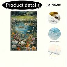 1 件油画帆布艺术墙饰，描绘郊区池塘中盛开的莲花，卡通复古风格风景印刷海报房间装饰、走廊、书房、卧室墙壁艺术、秋季装饰（无框架） - 彩色 - 查看 7