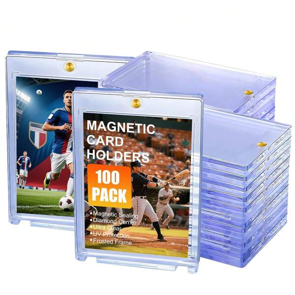 100 حامل بطاقة مغناطيسي، حامل بطاقة واحدة بسماكة 35 نقطة، واقي أشعة فوق البنفسجية من البلاستيك الصلب لحفظ بطاقات التداول والبطاقات الرياضية وبطاقات الألعاب والبطاقات الرياضية