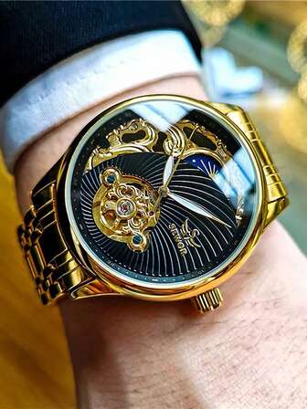 AOKULASIC 1 pieza Reloj de pulsera mecánico automático de lujo y vintage para hombre, con manecillas luminosas, correa de acero inoxidable, reloj mecánico de esqueleto con tourbillón, con caja de regalo