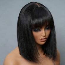 Short Straight Bob Wig For Women 2X4 Lace Wig Brazilian Remy Bob Wig With Bangs 150% Density Glueless Human Hair Wigs For Daily And Special Occasions Black Color 8-14 Inch