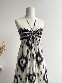 Rusttydustty Women's Black Print Halter Tie Neck Dress, Suitable For Music Festivals And Similar Occasions - Black - View 6