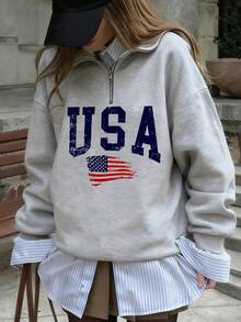 Women's Autumn/Winter New Minimalist American Letter Print Casual Half-Turtleneck Zipper Sweatshirt, Fashion Versatile - Dark Gray - View 8