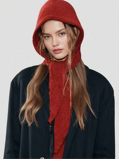 1pc Korean Ins-Style Little Red Riding Hood Autumn/Winter Tie-Up Warm Balaclava Hat, Fashionable Retro Hooded Scarf Hat Set For Dress