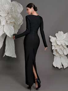 Long Sleeve Square Neck Bandage Knit Bodycon Dress, Luxury Sexy Fitted Party Cocktail Gown For Women - Black - View 2