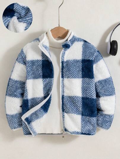 Boys' Casual Plaid Zip-Up Stand Collar Long Sleeve Fleece Jacket, Suitable For Autumn/Winter