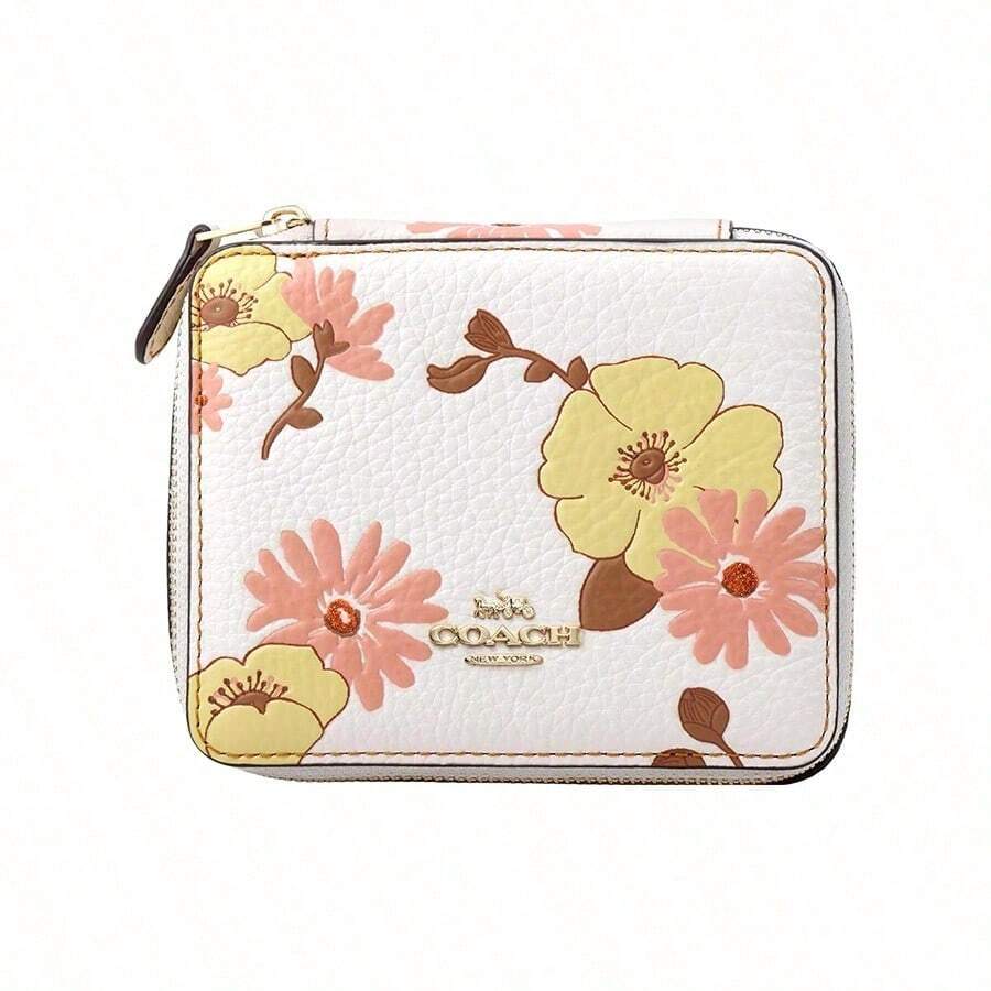 Coach صندوق مجوهرات 09 بطبعات زهرية وشعار حرف ذهبي وتفاصيل من الجلد، حقيبة تخزين، حقيبة مستحضرات تجميل صغيرة، خيارات ملونة للنساء CH855-IMCAH