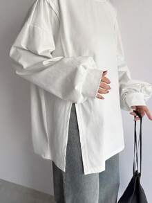 FRIFUL 纯色女式侧开衩落肩T恤，秋季服装长袖女式上衣 - 白色 - 查看 2
